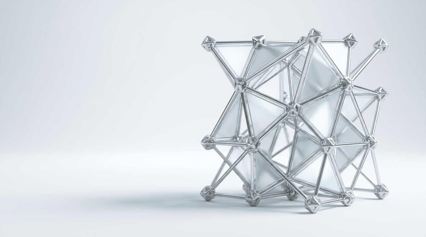 A luminous platinum lattice self-assembling in a pearl-white studio void